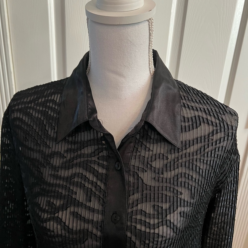 π₯π₯ Rafaela Top Blouse Womens Size 12 Textured Sheer Button Front Black - Picture 6 of 6